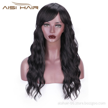 Aisi Hair Machine Made Synthetic Long Wavy Wigs Black Body Wave Curly Wave with Bangs Long Wigs for Black Women